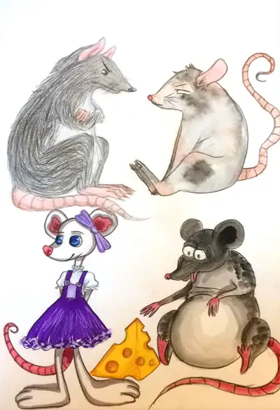 Farbige Zeichnungen von Ratten und Mäusen mit Käse