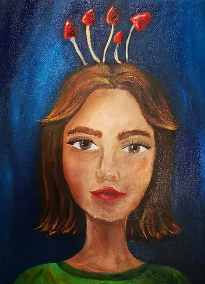 Acrylporträt einer jungen Frau mit Pilzen im Haar