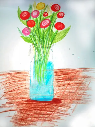 Blumenstrauß in einer blauen Vase, Buntstiftzeichnung