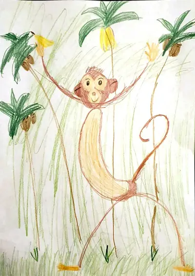 Affe zwischen Palmen, Kinderzeichnung