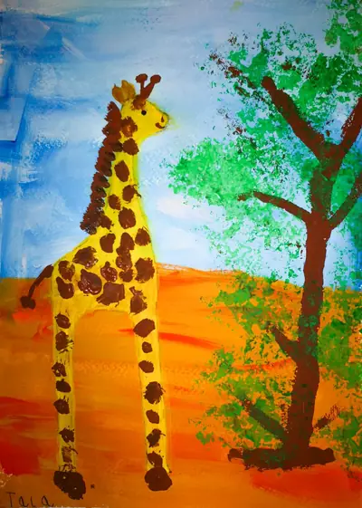 Giraffe in der Savanne in Tupftechnik