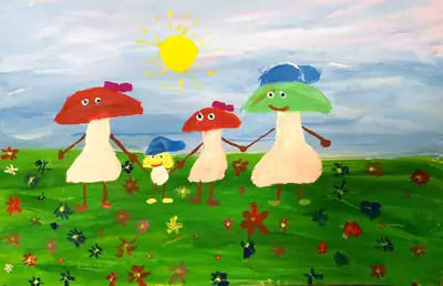 Pilzfamilie auf der Blumenwiese